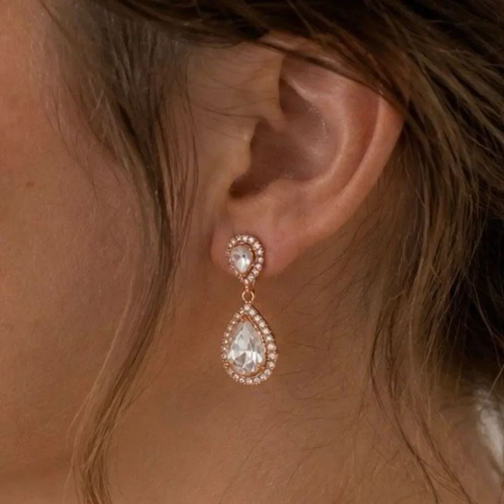 Rose Gold Tone Teardrop Bridesmaid Earrings with Pavé Halo